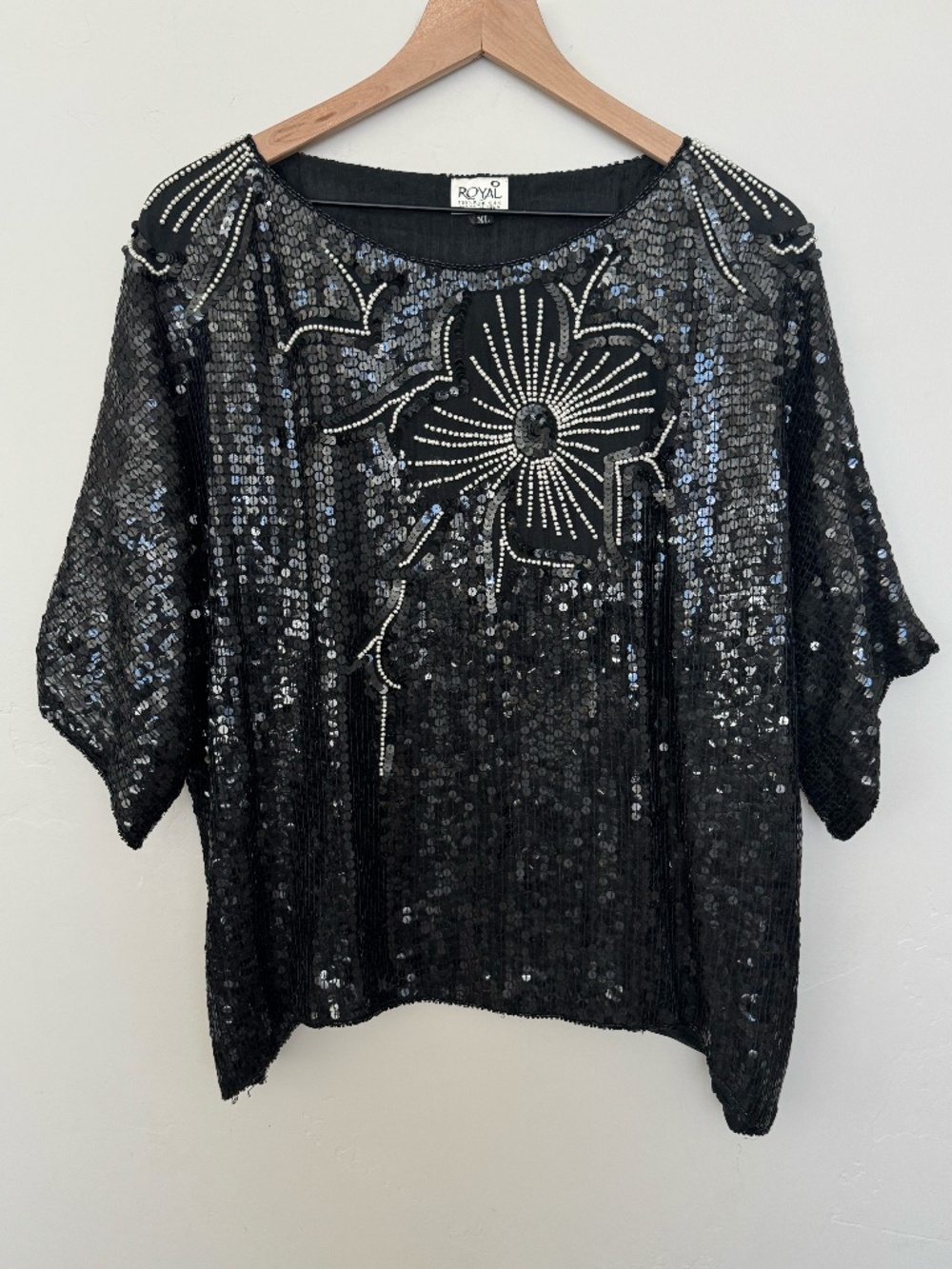 Vintage‎ Royal Silk Beaded Sequin Top Size XL Festival Indie Glam Floral Retro